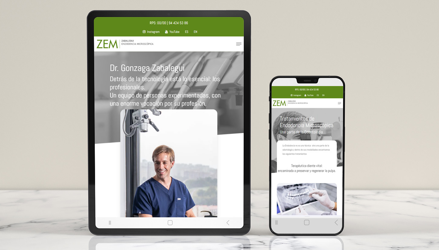 Tablet y Móvil con la página web de Zabalegui Endodoncia Microscópica